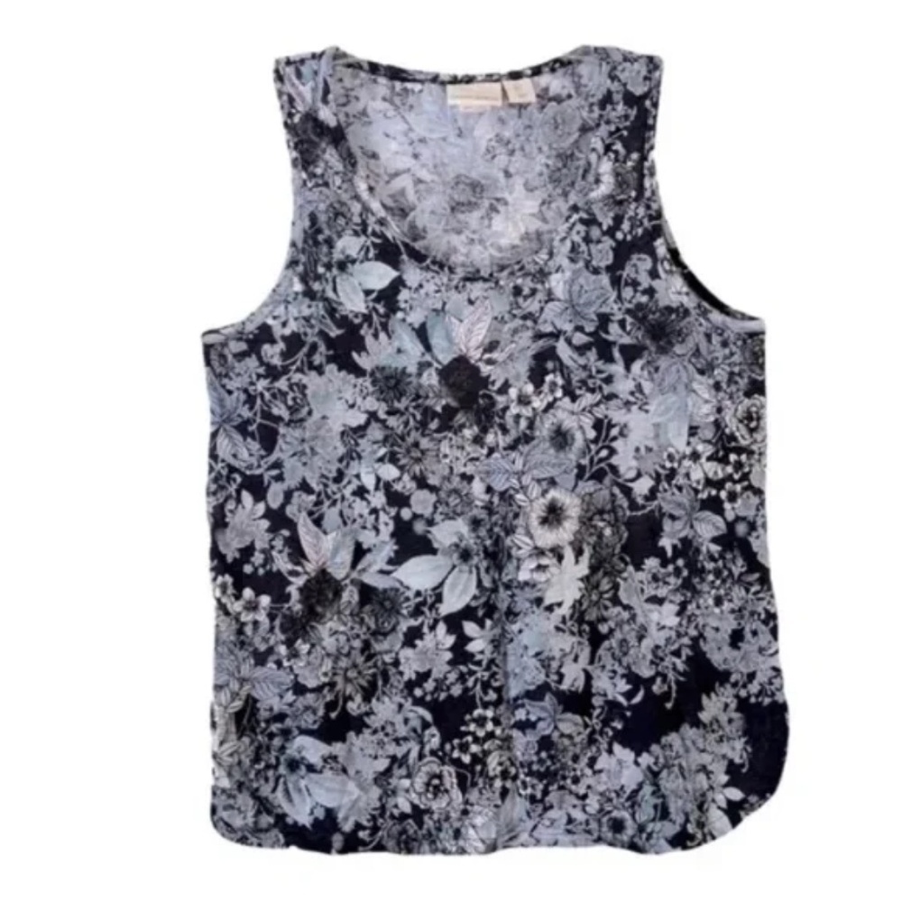Cynthia Rowley | Blue Linen Inked Floral Sleeveless Tank Blouse, Large